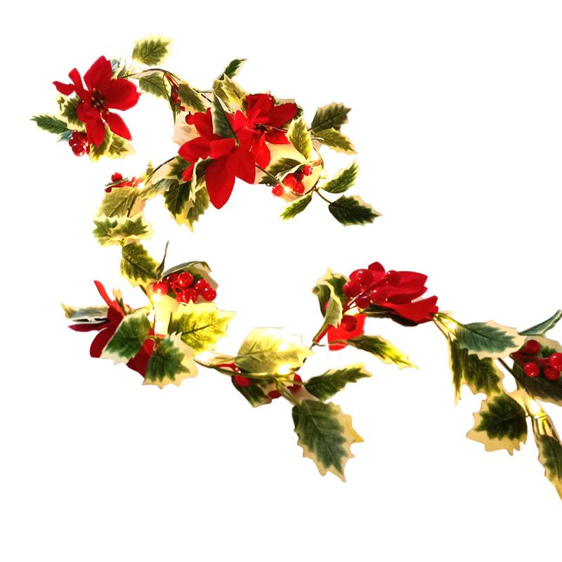 Ghirlandă Artificială Poinsettia Ghirlandă Decorativă Snur De Lumini Cu Fructe Roșii Rattan De Crăciun