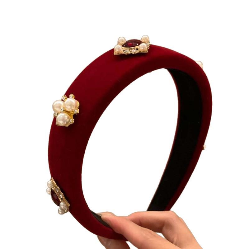 New Year Limited: Red Velvet Pearl Headband - Slimming, Stylish High Skull Top for Women