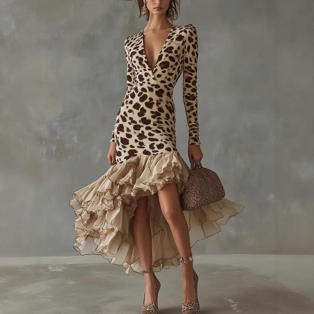 Women's Leopard Print Long Sleeve Deep V-Neck Asymmetric Ruffle Hem Dress