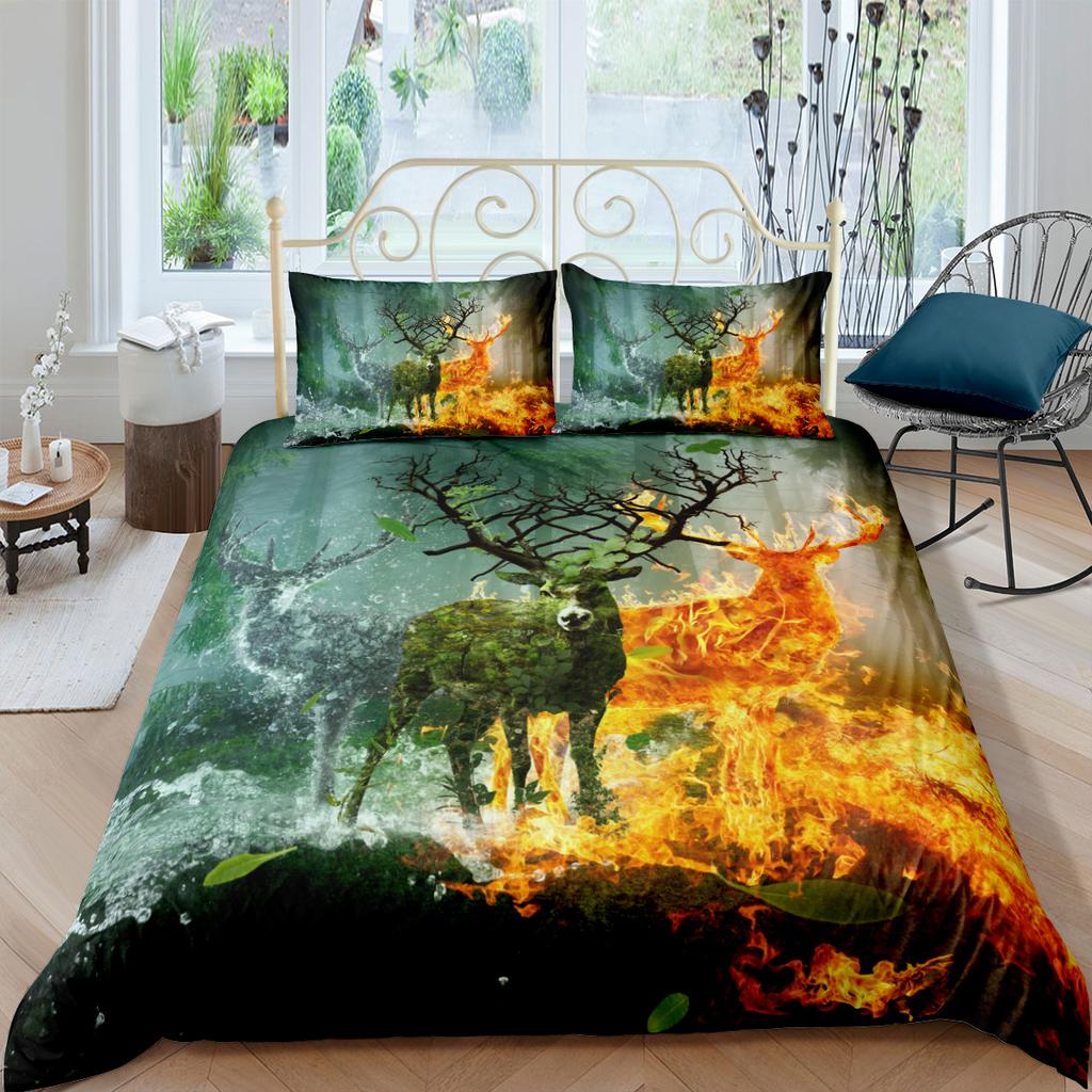 Deer Duvet Cover King/Queen SizeWildlife Bucks Fire Pattern Print Bedding Set For Teens Adults MenBrown Elk Animal Quilt Cover