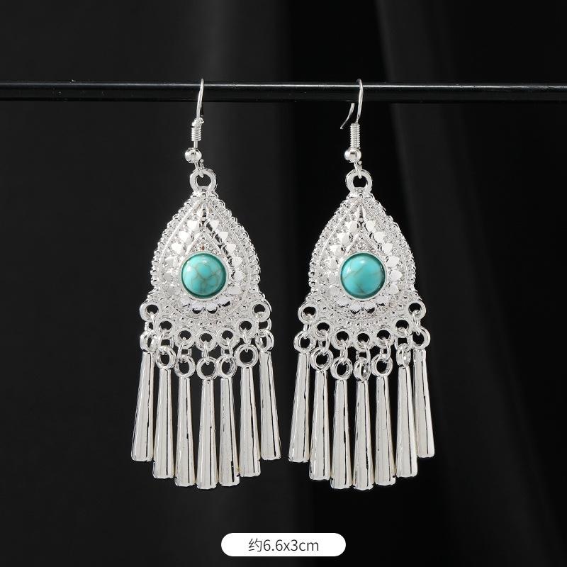 Retro Handmade Miao Silver Fringed Earrings Inlaid Turquoise Long Earrings Female Exotic Yunnan Dance Earrings