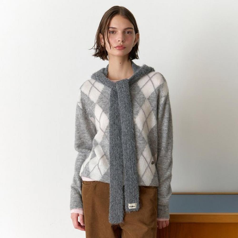 On On Mohair Argyle V Neck Knit Nek5wp912 GREY/S_01