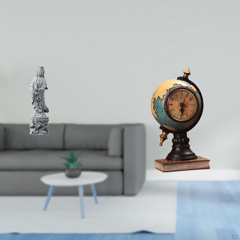 Guan Yin Globe Statue Stone Ornament Modern Table Clock Collectible Feng Shui Buddhist Art Craft
