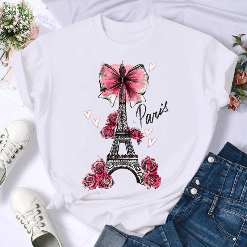 Celestial Moon Paris Eiffel Tower Print Womens TShirt Casual Short Sleeve Top For Travel  Boho Style Enthusiasts S