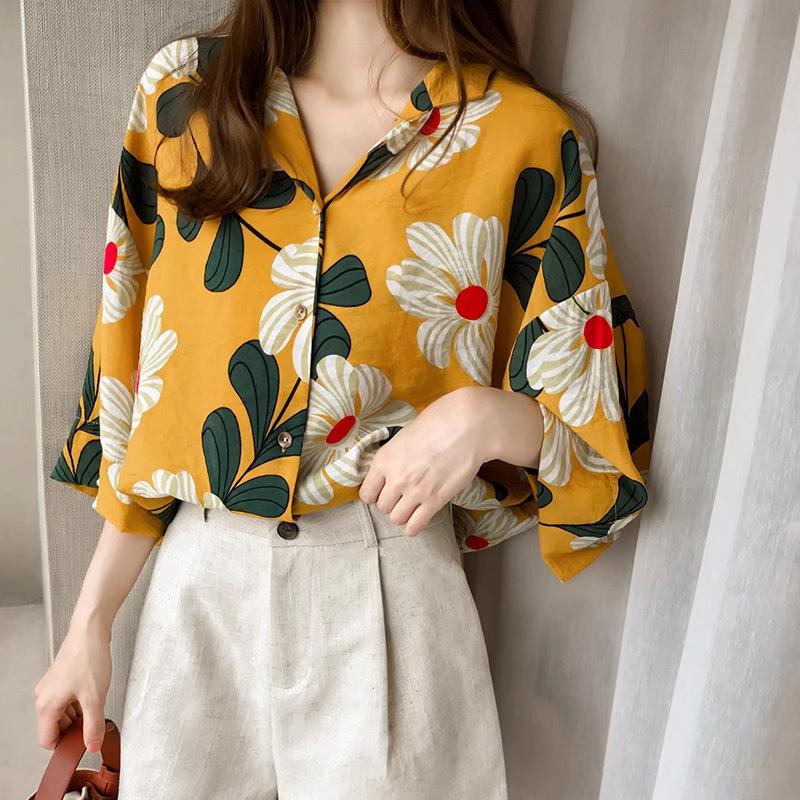 1116 Autumn New Han Fan Thin Yellow Printed Chiffon Shirt Top Women's Five-quarter Sleeve Floral Sunscreen Shirt