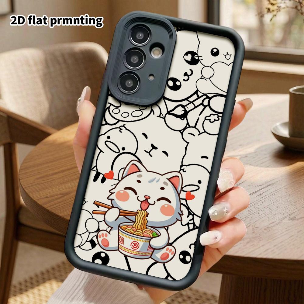Phone Case: 2D flat, suitable for Samsung Galaxy A34 A35 M05 M06 S20 S22 S21 FE Plus 5G protective cases, little white cat eating ramen, perfect Chris