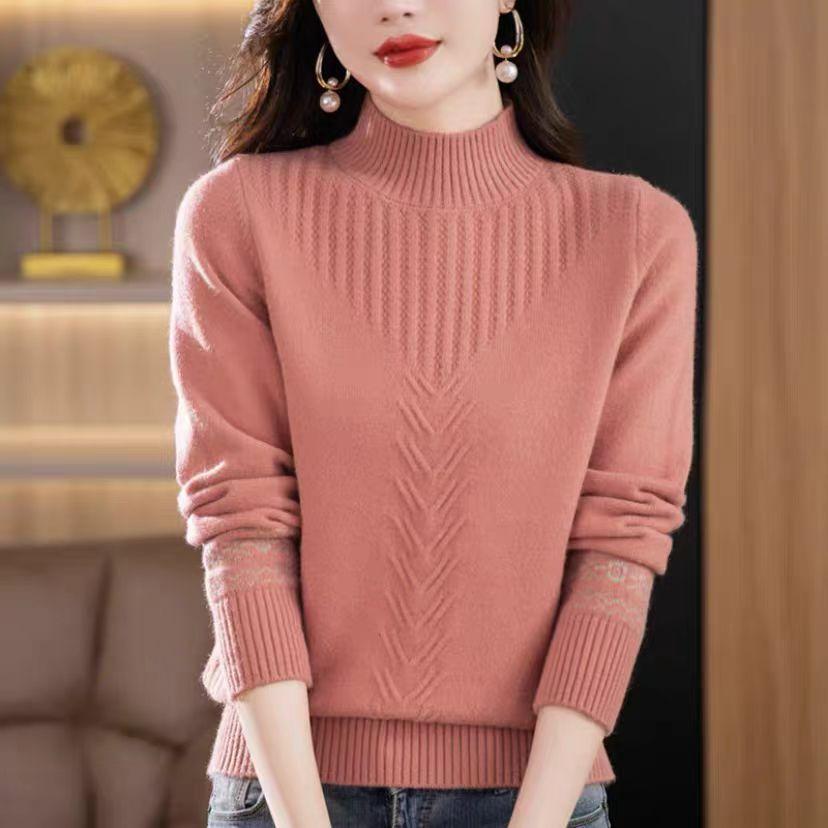 Half Turtleneck Cashmere Sweater Solid-color Long-sleeved Knitted Sweater for Women Casual Thickened Knitwear and Loose Solid-color Pullover