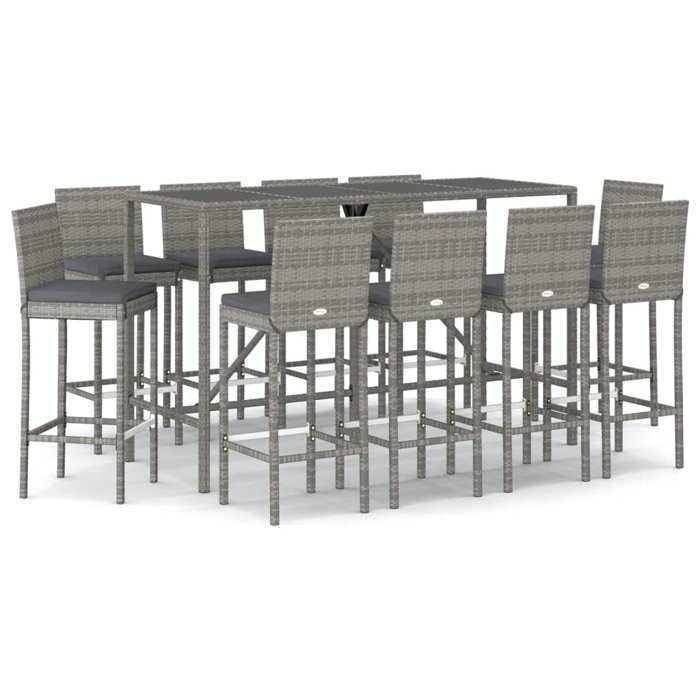 VidaXL Ensemble de bar de jardin 11 pcs avec coussins gris poly rotin, ensemble de table de bar, table et chaise de bar, 3187650