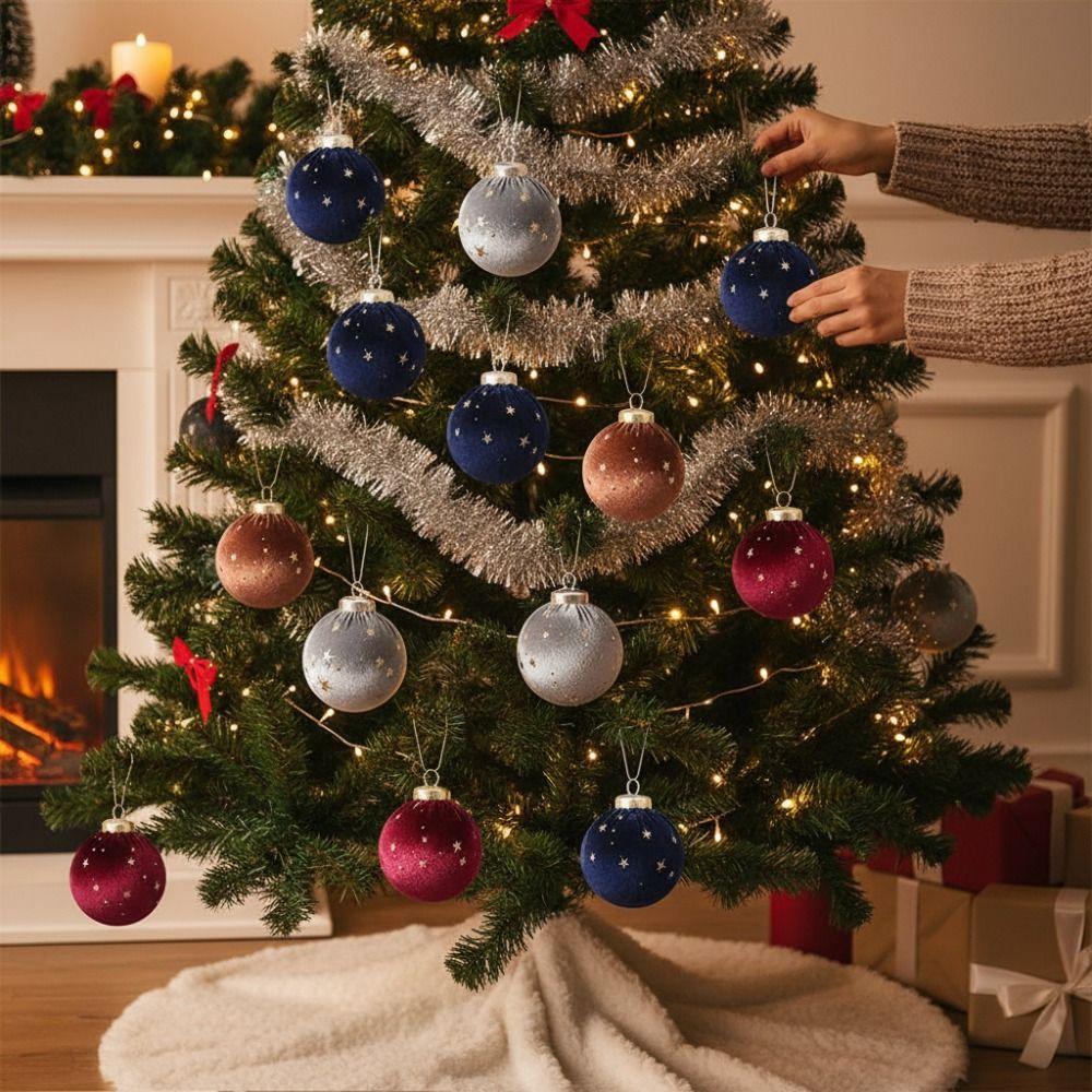 12 Stück/Set Kreative Samt-Weihnachtskugel-Ornamente 6cm Bruchsicher Weihnachtsbaum-Hängeanhänger Elegant Kunststoff