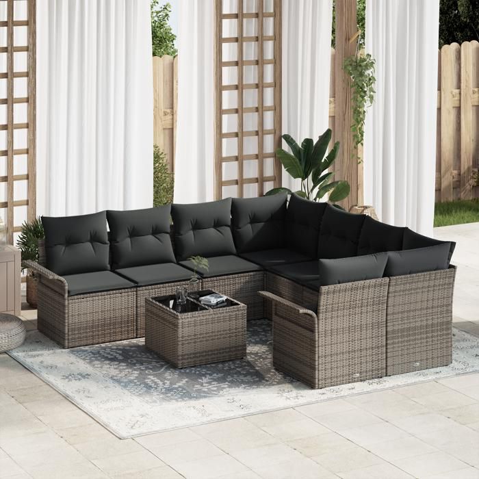 VidaXL Ensemble de Canapés de Jardin 9 Pièces avec Coussins Gris en Poly Rattan 3345299
