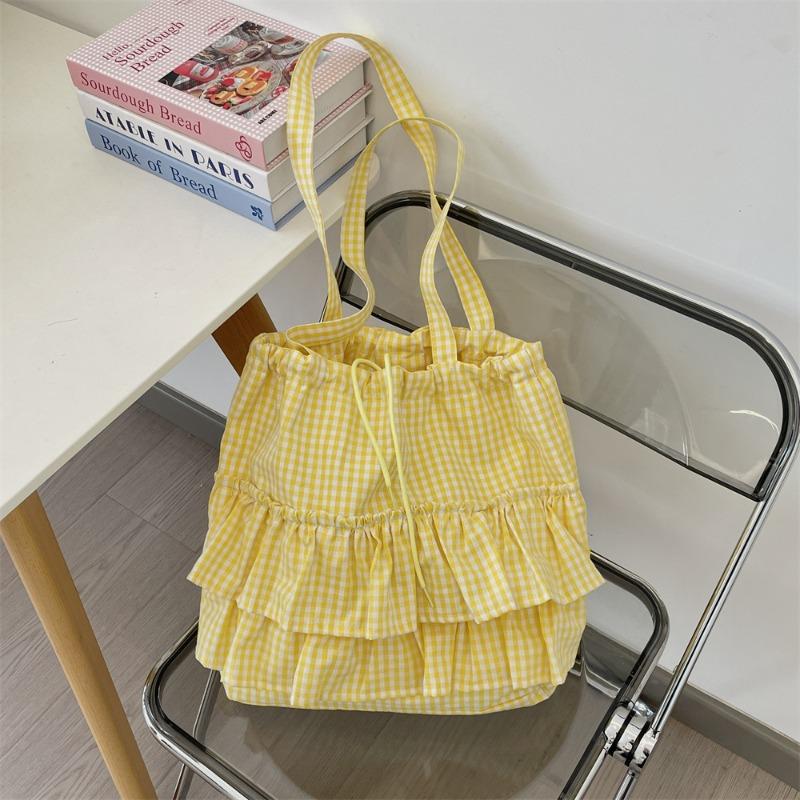 Cute college style plaid canvas bag women's new large-capacity lace tote bag