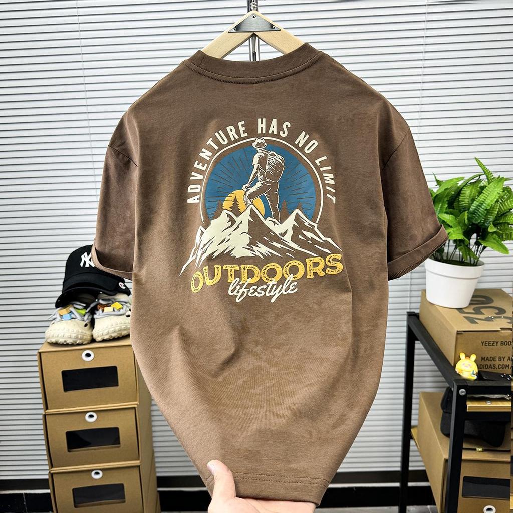 Men's Retro Mountain Print Short-Sleeve T-Shirt - Loose Fit, Round Neck, Washed Summer Pullover