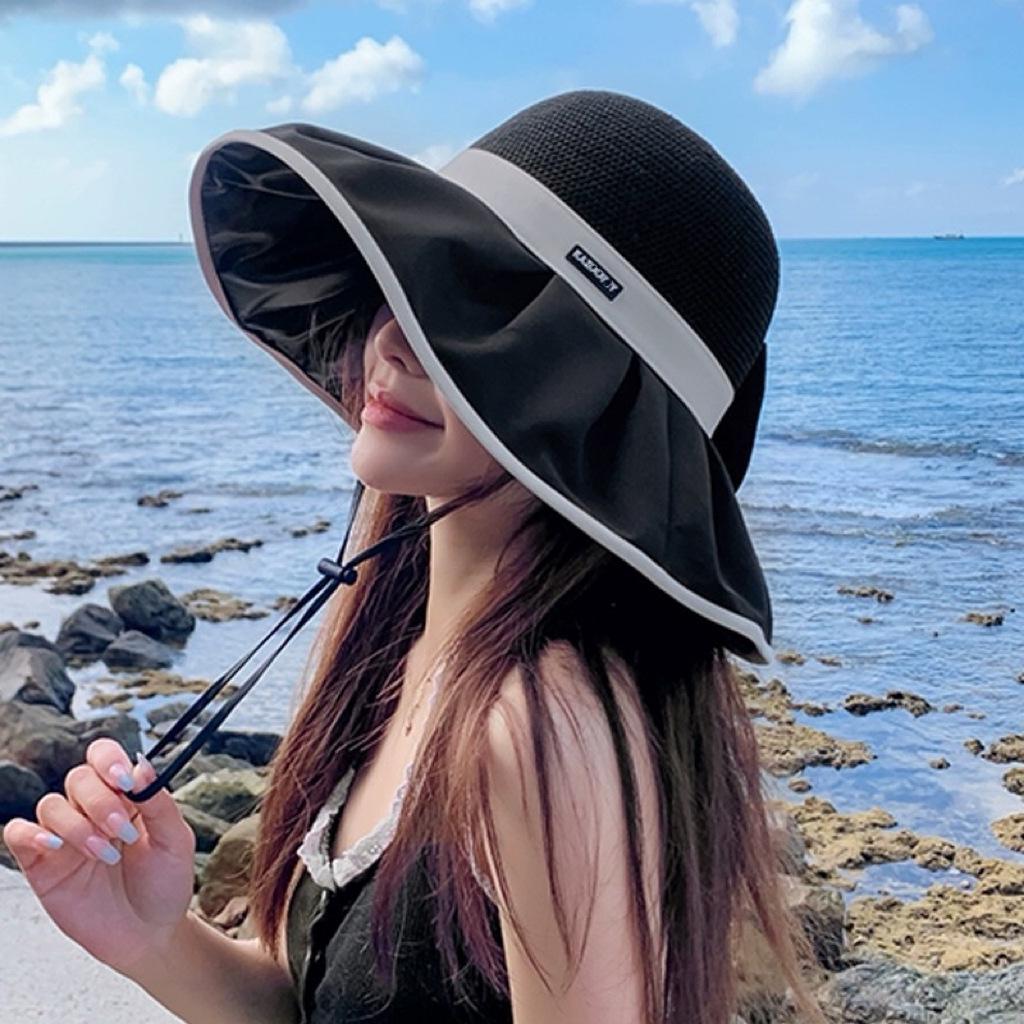 Cappello da sole da donna in paglia con tesa extra larga e bordo in pizzo traspirante per l'estate e la spiaggia