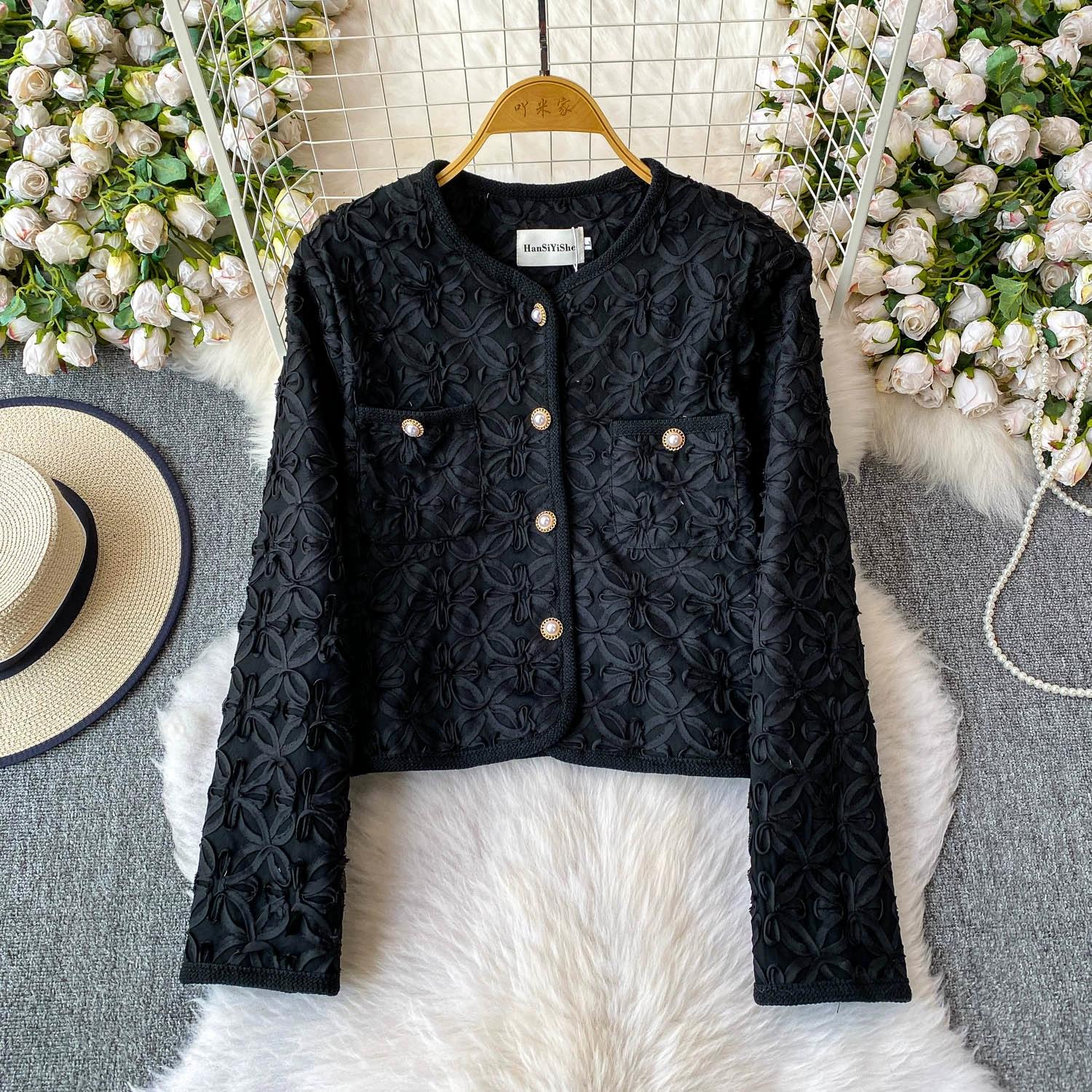 

Весна Осень Женский Элегантный С Длинным Рукавом Однобортный Жакет Пальто с Жемчужными Пуговицами Плетение Цветок Короткий с Карманом L чёрный