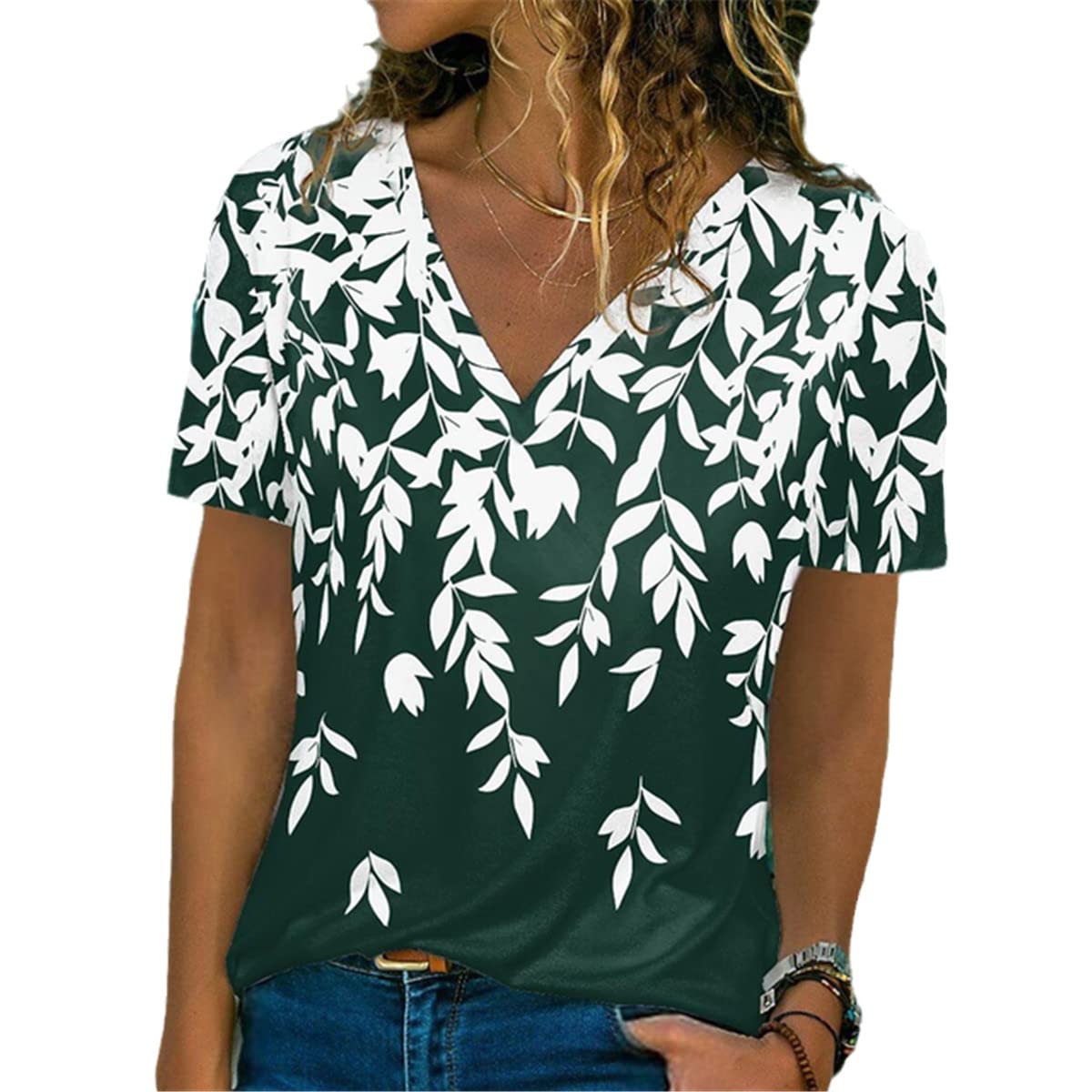 

Летняя женская футболка с 3D-принтом растений, V-образным вырезом и короткими рукавами, модная женская футболка, одежда, женская футболка XL