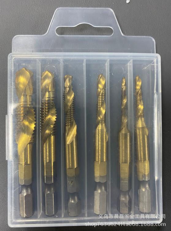 6-Piece Titanium-Plated HSS Taper Tap Set with Hex Shank for Drilling, Tapping, Chamfering, and Hole Opening