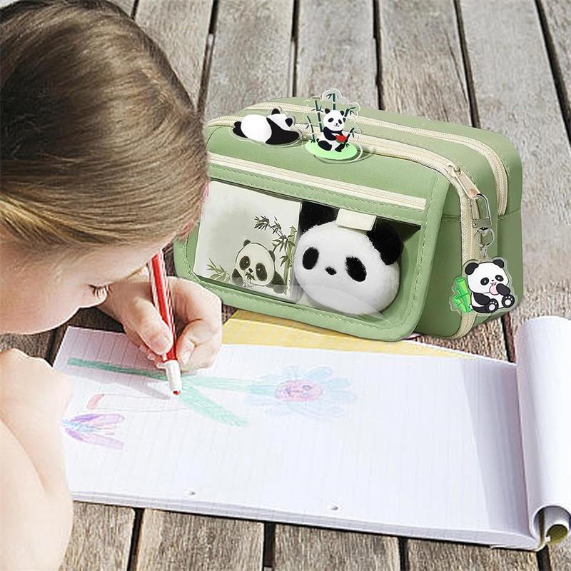 Large Capacity Panda Pencil Case, Cute Pencil Case, Zipper Pen Pouch Holder with Panda Keychains Brooch Notepad, MultiLayer Cute Pencil Case for Girls