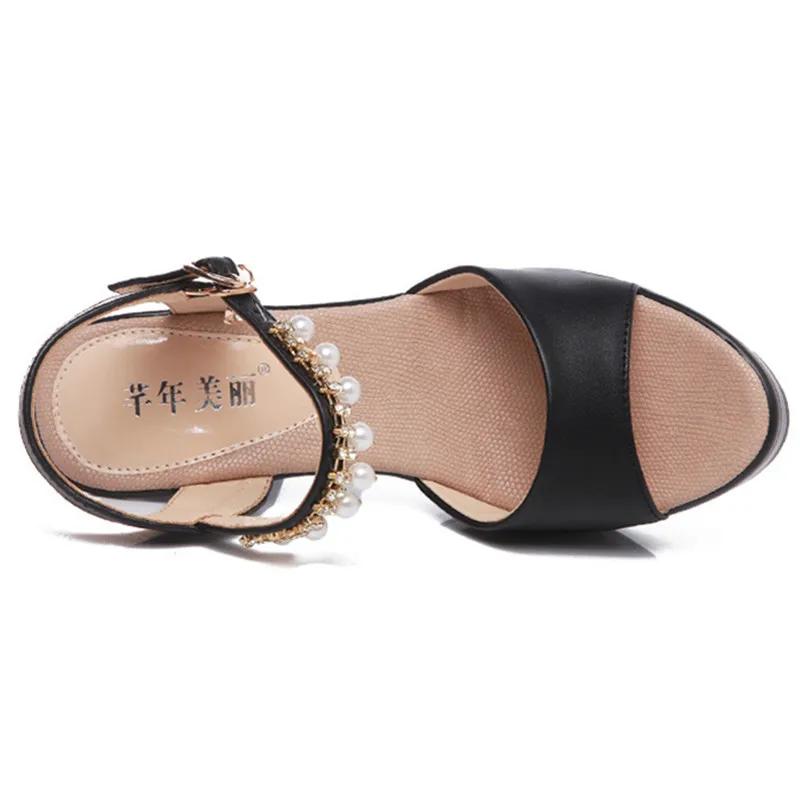 11cm 13cm Kleine Größe 32-43 Bequeme Perlen-Knöchel-Plateau-Schuhe 2025 Damen Blockabsatz Sandalen für Büro Model Party