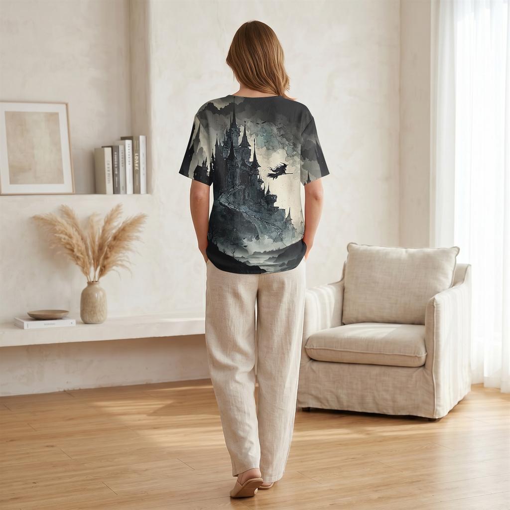 Women Casual Short Sleeve Henley Shirt with Chest Pocket Halloween Themed Graphic Print Cotton Linen Blended Fabric Relaxed Fit