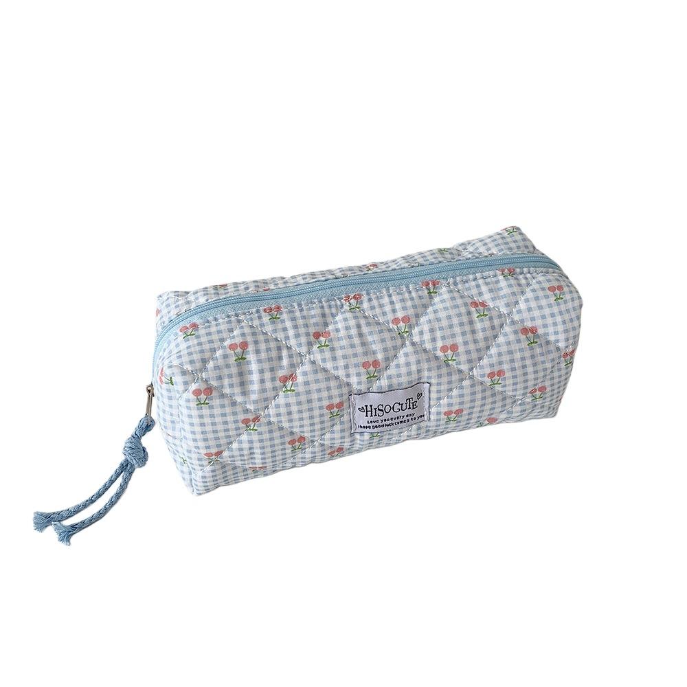 Cute Design Korean Cherry Pencil Case Large Capacity Cloth Plaid Pen Bag  Children