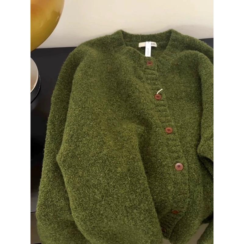 

Retro avocado green crew neck knitted cardigan women s autumn and winter soft waxy loose thickened sweater jacket premium top one size fits all зелений