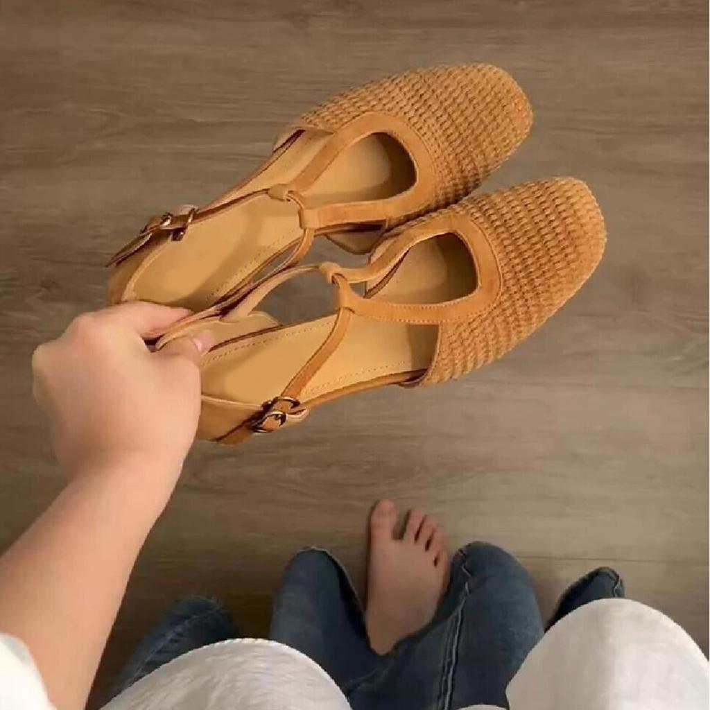 Retro woven beautiful Roman sandals women's 2025 new summer outer wear hollow Mary Jane thick heel bag head single shoes