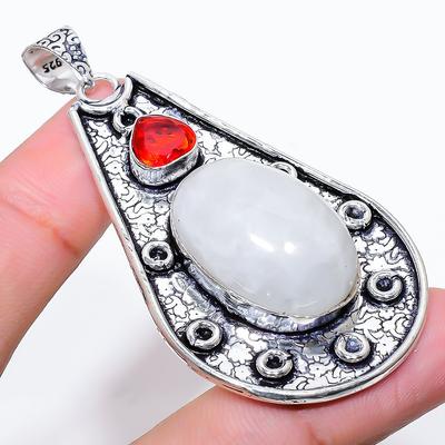 Natural Rainbow Moonstone, Garnet 925 Sterling Silver Gift Pendant 2.60" T4o83
