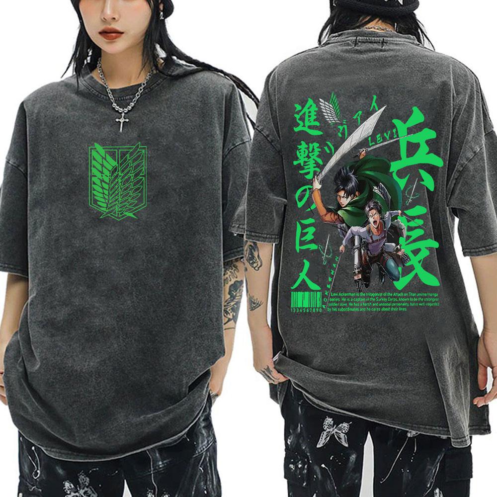 Anime Attack On Titan Washed T-Shirt Ackerman Mikasa Eren Jaeger Cherry Blossom Graphics Logo T Shirt Men Women Cotton T Shirts