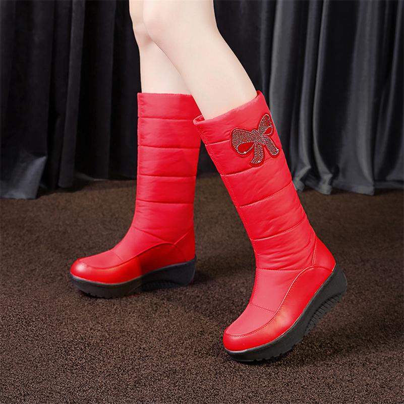 Women Mid Calf Boots Round Toe Flat Platform Mid Heels Crystal Platform Fur Bow Ladies Fashion Shoes Winter Black 44