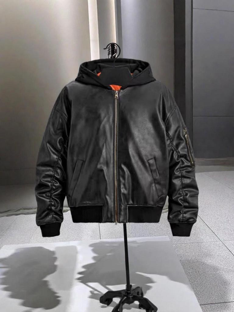 Herren Wintermode Lockere Kapuzenjacke aus Kunstleder 8491706