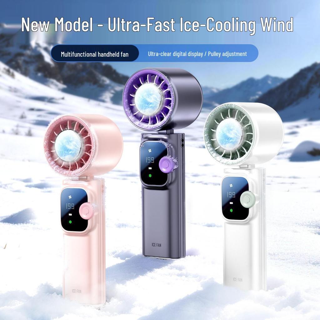 Portable High-Speed Cooling Handheld Fan with Strong Airflow, Long Battery Life, Foldable Neck, Digital Display, and Ice Pack Feature