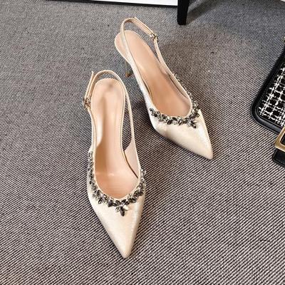 Temperament Rhinestone Thin Heel Commuter Pointed High Heels Women's Summer Wear One Word with Bag Head Sandals