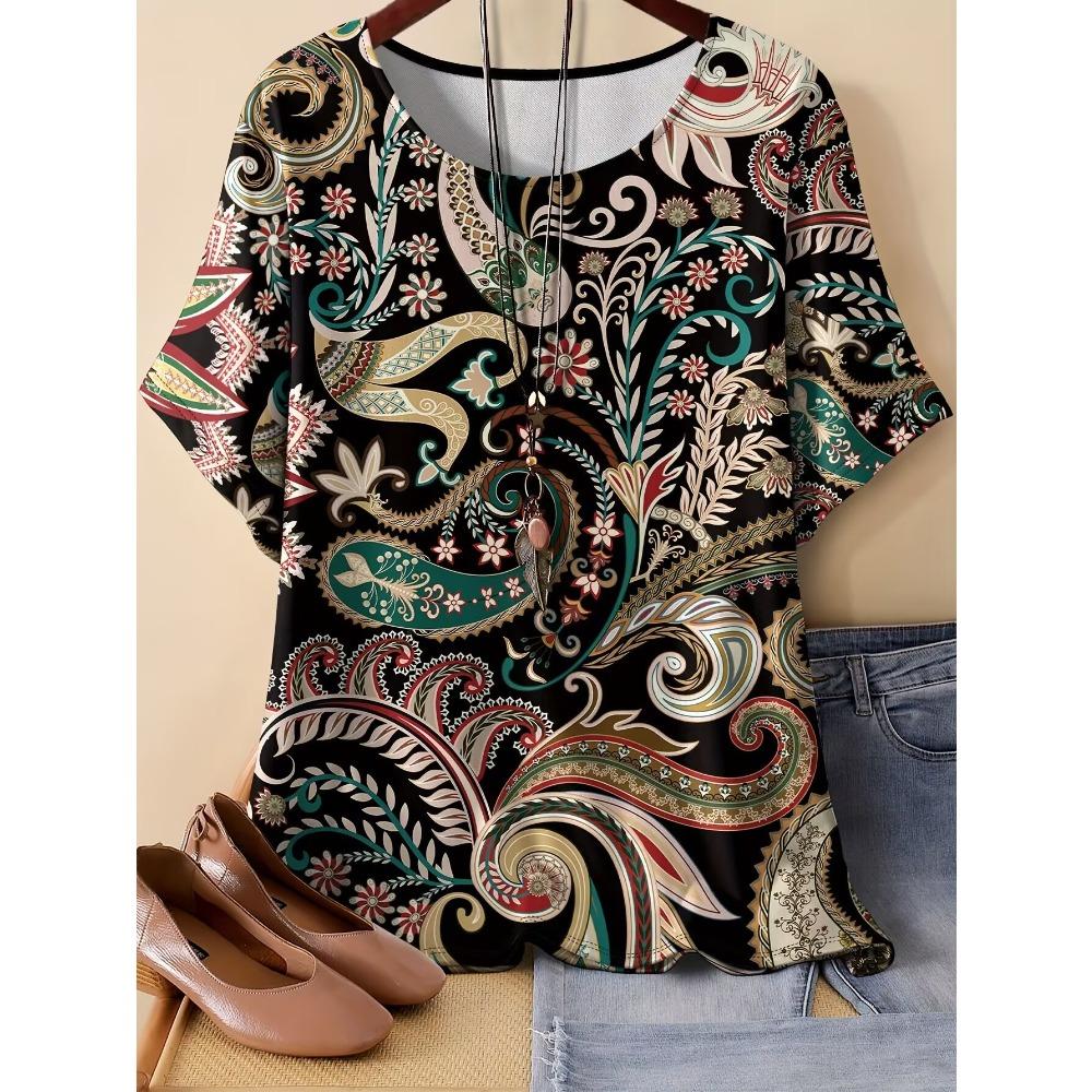 Bohemian-style Paisley Pattern T-shirt Loose Casual Versatile Short-sleeve for Women S