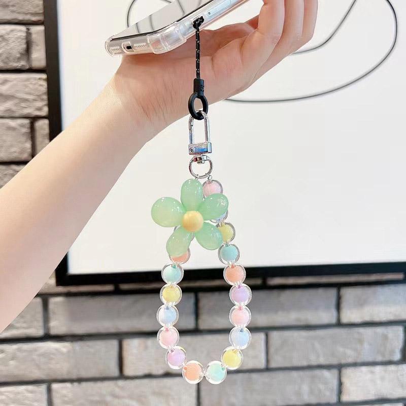 INS Candy Color Mobile Phone Lanyard Wrist Strap Women Girls Korean Beaded Flower Bracelet Anti-lost Case Bags Keys Pendant