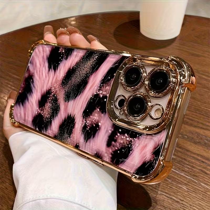 Plating Phone Case For Xiaomi Redmi 15 A3 15C 14C 13C K50 A1 Note 15 14 13 12s Pro Plus 5G Anti Fall Airbag Popular Pink Leopard