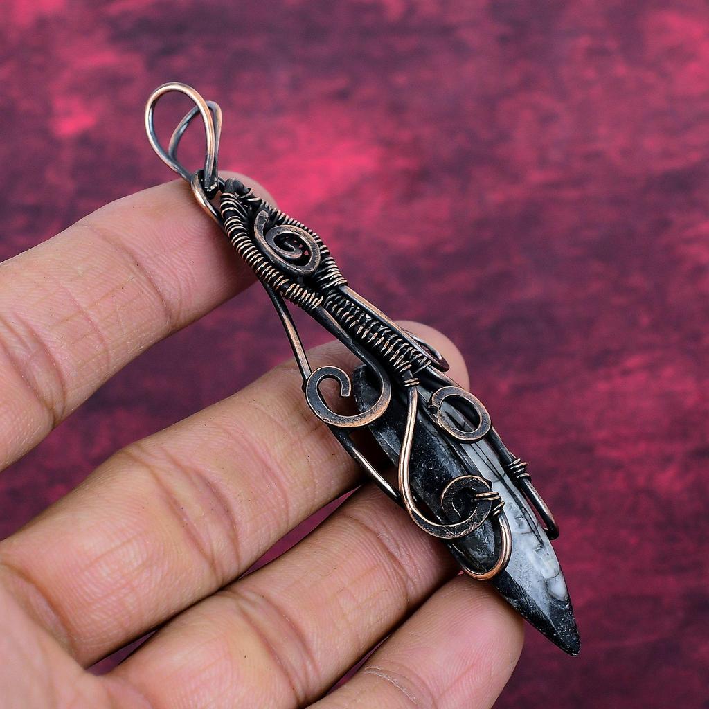Orthoceras Fossil Gemstone Pendant Handmade Jewelry Copper Wire Wrapped Pendant