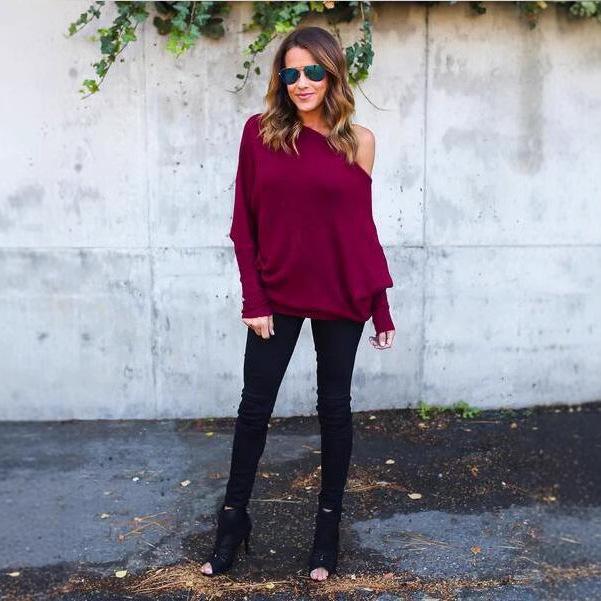 Europeisk og amerikansk høst/vinter off-shoulder flaggermusvingeermet strikkegenser for kvinner