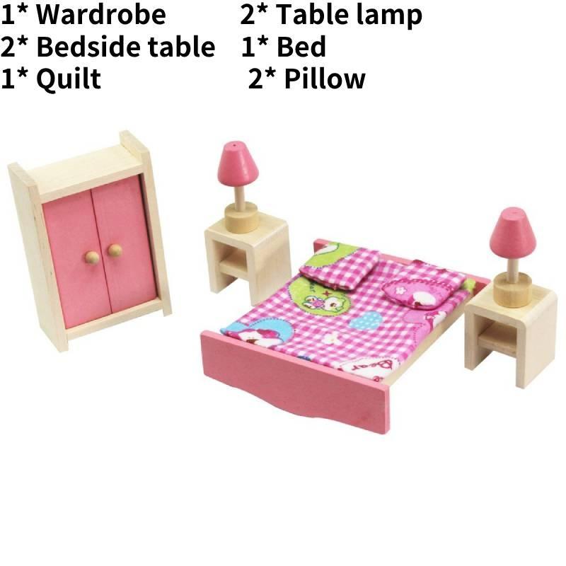Entzückendes Holzpuppenhaus-Möbelset für Kinder mit farbenfrohen Schlafzimmer-, Küchen- und Wohnzimmer-Accessoires