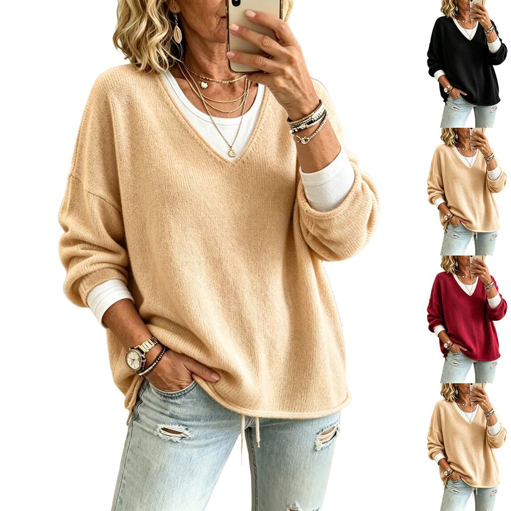 Women's Casual V-Neck Long Sleeve Loose Fit Sweater for Everyday Wear