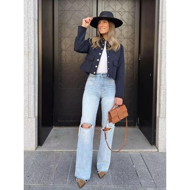 Women's Aviator Black Jacket Wool Blends Coats Cropped Bomber Jacket  Autumn Winter Demi-season Crop Jacket Outerwears