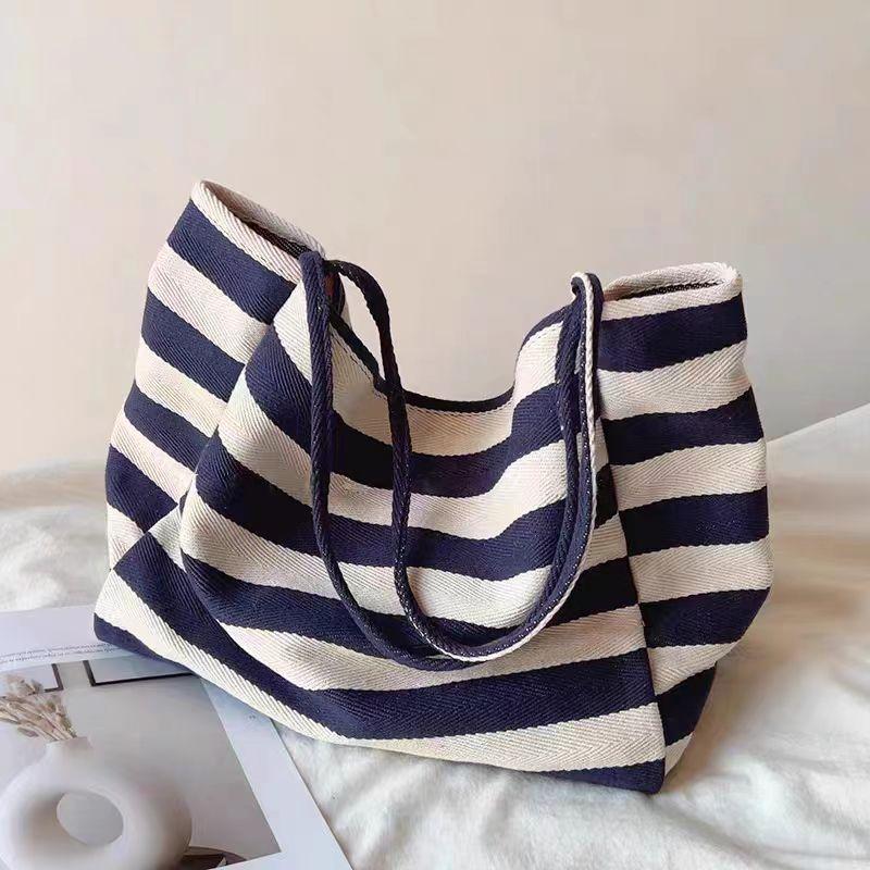 

Korean Artistic Color-Block Striped Canvas Bag Tote Bag Large Capacity Shoulder Bag Lazy Style Shopping Bag Large Bag Blue Stripes
