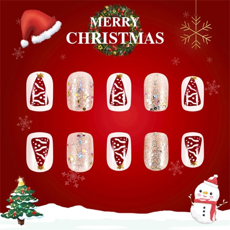 24 Pieces Short Square Glittering French Tip Press On Nail with Snowflake Designs for Christmas and New Year