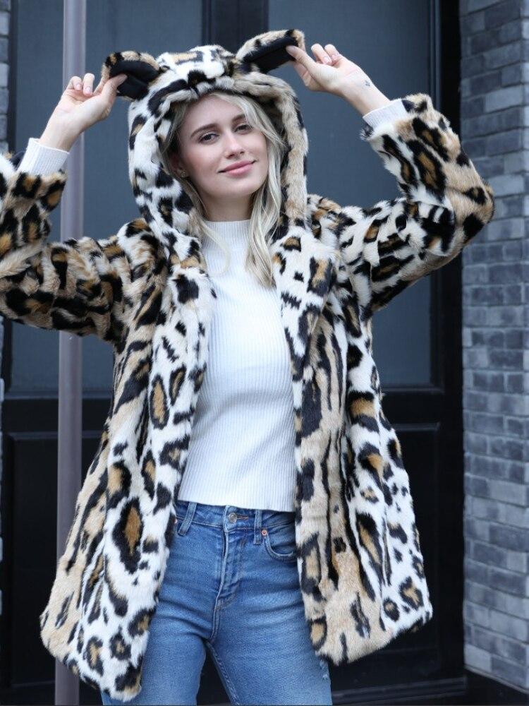

Зимнее пальто женское толстое теплое повседневное с капюшоном модная уличная меховая куртка из искусственного меха пушистая куртка длинное пальто из искусственного меха пальто из искусственного меха S цветной печати леопарда