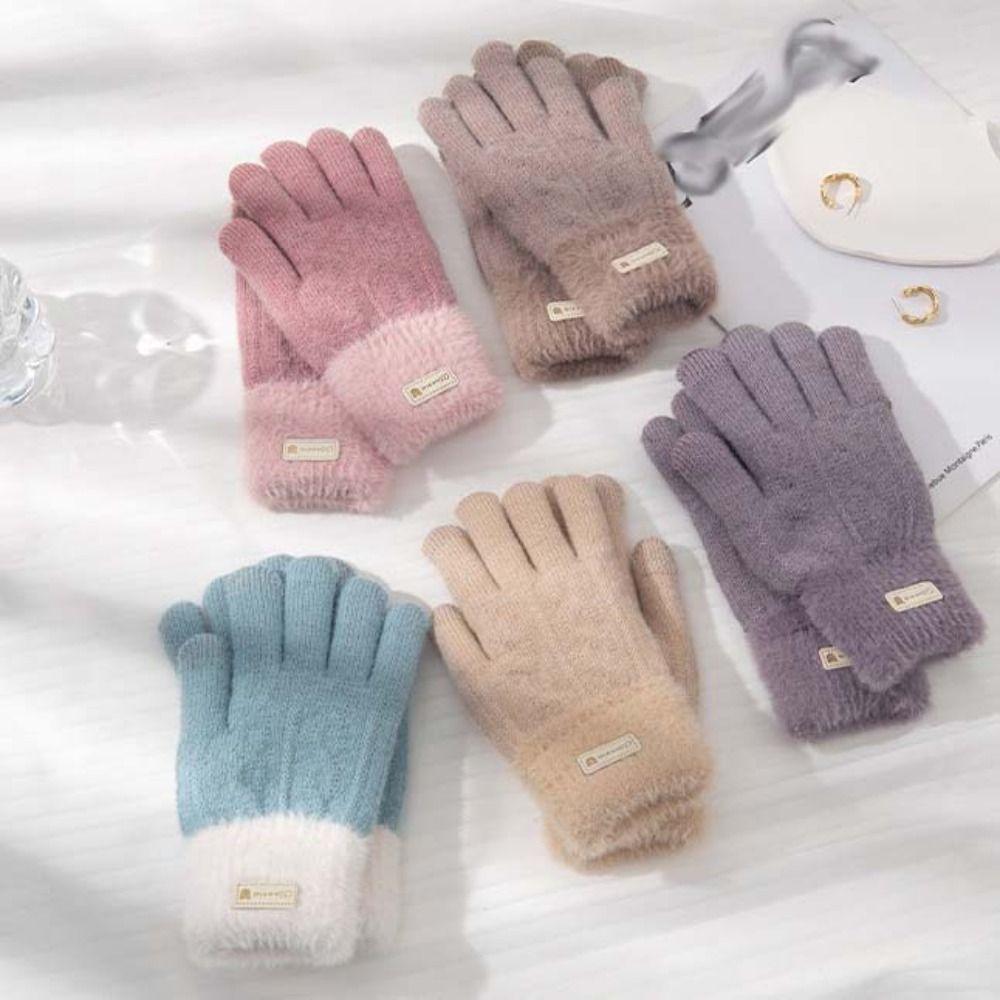 Korean Style Full Finger Mittens Five Finger Cycling Driving Gloves Plush Knitting Gloves  Female