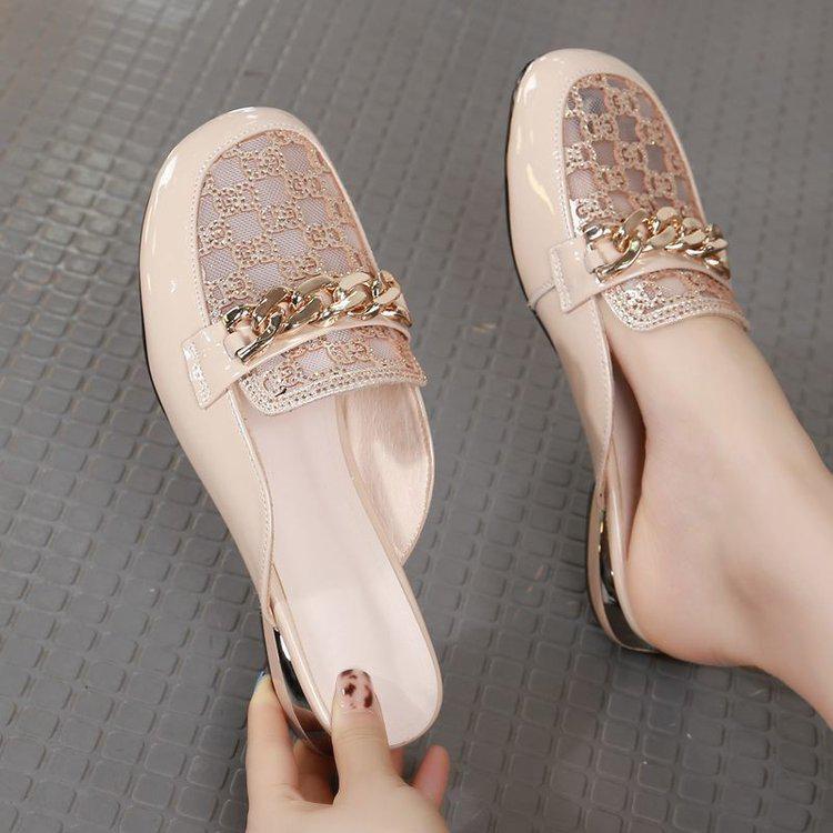 Summer 2025 Women's Chain Mesh Pointed Toe Chunky Low Heel Mules