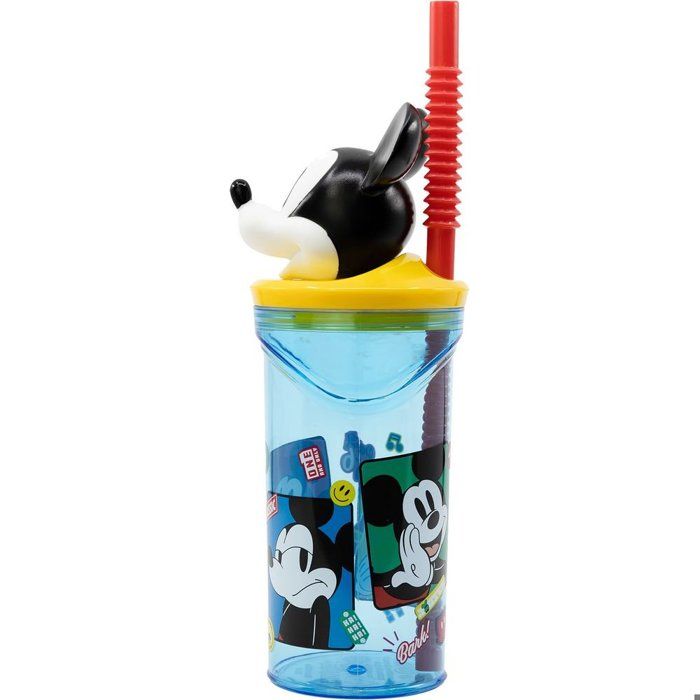 Boissons Fruitees Tataway Gobelet Réutilisable en Plastique Bleu Disney Mickey Mouse pour Enfants 360 Ml avec Paille et Figurine 3d