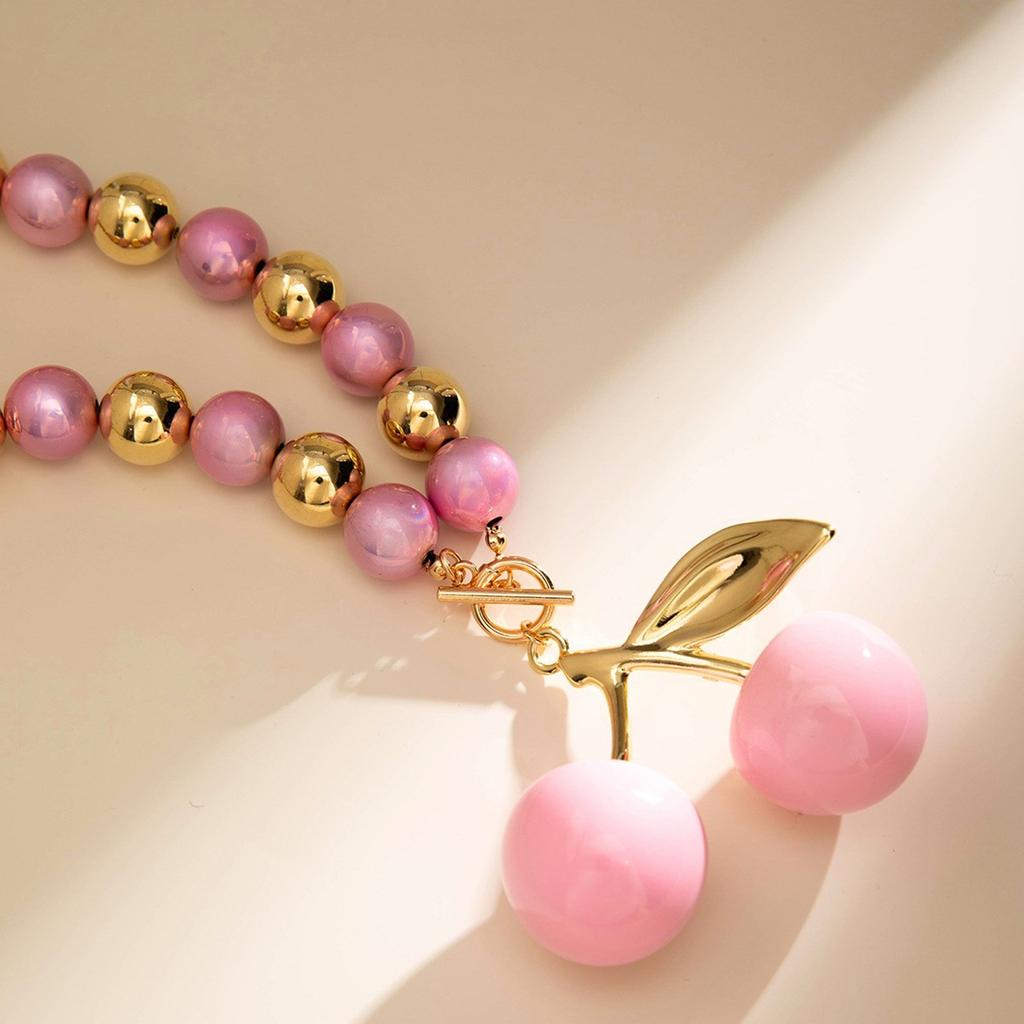 Pink Cherry Pendant Necklace for Women Sweet and Vibrant Style Clavicle Chain Exaggerated Fruit Charm Neckchain Jewelry