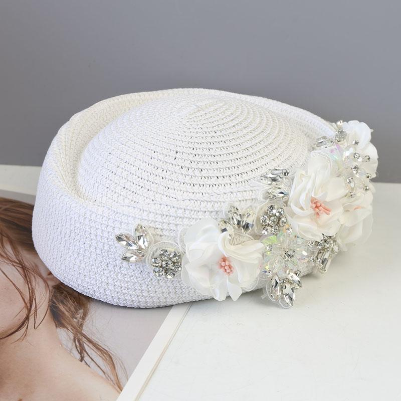 Women French Elegant Berets Fashion Rhinestone Flower Stewardess Hat for Cocktail Party Female Summer Travel Versatile Sun Hats