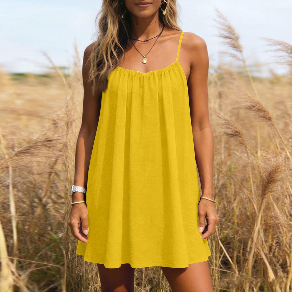 Women's Backless Spaghetti Strap Dress, Sleeveless Thin-strapped Flowy Beach Vacation Short Dress, With Back Tie.
