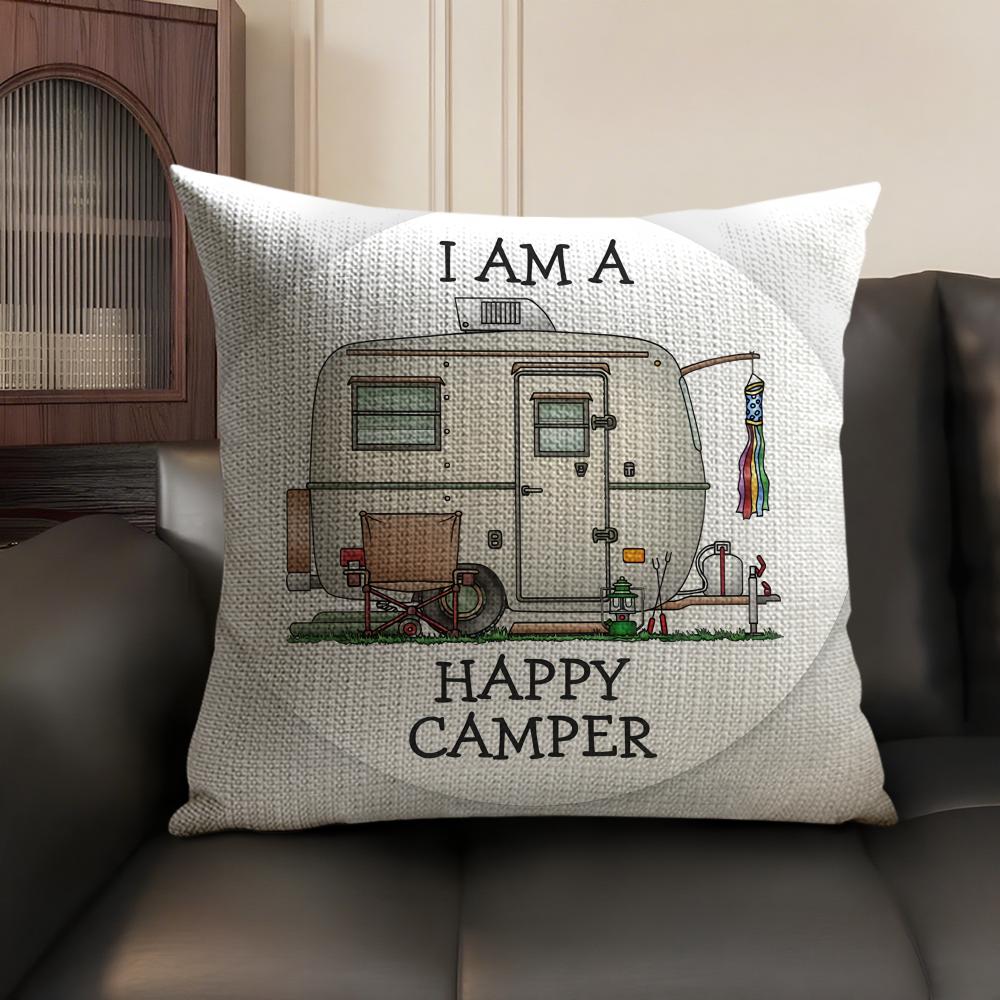 Happy Camping RV Camper Car Cushion Cover Natural Linen Organic Fabric DoubleSided Printing Sofa Home Decor Gift Pillow Case